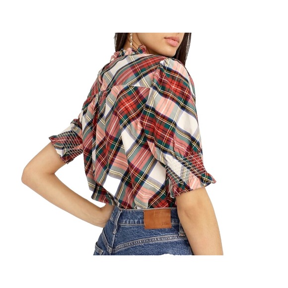 J. Crew Snowy Stewart Tartan Plaid Poplin Wm S Smocked Puff Sleeve Holiday Shirt - Picture 3 of 10